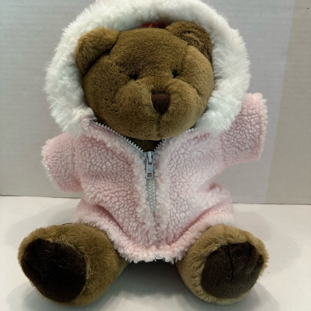 Vintage Bearsland Plush Bear in Pink Fleece Jacket with White Faux Fur Trim